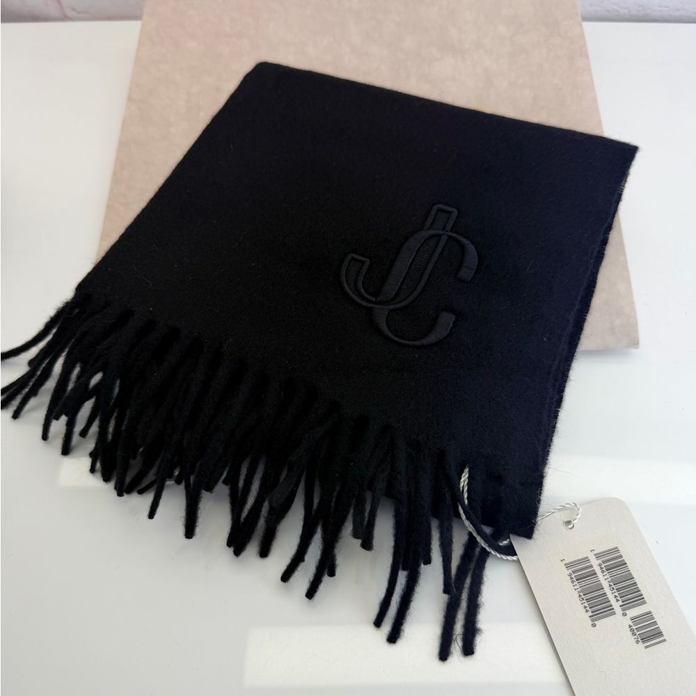 Jimmy Choo NWT Black Monogram Embroidered Fringe Scarf